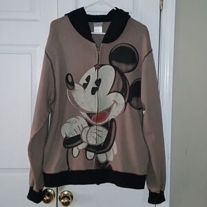 Disney Mickey Mouse tan and black zip up hoodie Sz L EUC